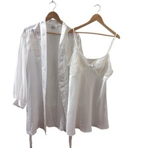 Vintage Dentelle Satin Beaded Slip Dress Robe Set Size L White‎ Floral Wedding